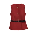 Women's red sleeveless vest top with gold buttons and black leather waist belt - XS / Burgundy