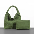 Moss green woven tote bag with matching inner pouch, luxury minimalist bucket bag style - Suede Green