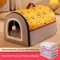 Yellow cat bed with cat print, plush ball and extra thick warm blanket in random color - Small (50x39x36cm) / Yellow Gray Thickened (Random Color Blanket) / Mixed Colors