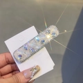 Macro shot of rectangular hair clip with sparkling rhinestones on a display card - 1 Piece (Cream White)
