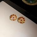 Gold Red Round Earrings (Silver Earring Post)