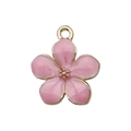 Pink enamel flower charm with gold metal edges and hanging loop for DIY jewelry - Sakura 14x16mm
