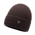 Classic ribbed knit winter hat in dark brown with a metal logo and thick cuff - One Size / Coffee