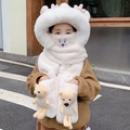 Ensemble 3-en-1 écharpe à capuche et gants en peluche blanche avec motif ours - Enfant / Ensemble 4 pièces amélioré (Avec ours) / Blanc
