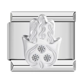 Detailed close-up of a silver Hamsa charm with three sparkling cubic zirconia stones - Silver Diamond Surface Style (1456)