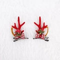 Christmas hair clips with red reindeer antlers and houndstooth bows on white fur - Flower Stamen Bow Antler Clips (2 Pcs)