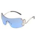 Y2K wraparound sunglasses with blue lenses and silver snake-shaped metal temples - Silver Frame Blue Lens