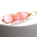 Pink crystal hexagonal pendant wrapped in golden wire for handmade jewelry sets - Watermelon red