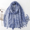 Linen feel scarf with blue floral paisley pattern and fringe trim on a white background - 180x88cm / Blue Paisley Pattern Style (SL2401-005蓝)