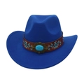 Royal blue felt cowboy hat with embroidered leather band and turquoise stone accent - One Size / Royal Blue (Brown Embroidered Leather Band)