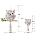 Handmade Macrame owl wall hanging decor set in creamy white cotton with wooden accents - Small (15x45cm)