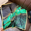 Silk square scarf featuring abstract green and gold marble print on a brown leather surface - 70*70cm / 30217-Green Black Marble
