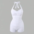 Elegant white halter neck one-piece swimsuit with ruched front and boy-leg design - S / White