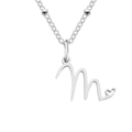 Silver stainless steel necklace featuring a stylized initial M pendant with a heart - Letter M / Silver