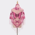 Pink lace triangle shawl with butterfly embroidery and long tassel trim for women - Rose Red