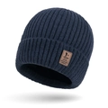 Navy blue winter beanie with warm knit texture and brown leather patch accent - Navy Blue