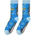 Detail of blue crew socks featuring fish patterns and graduated ruler measuring scale - A1977-Blue Fish And Ruler