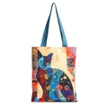 Artistic abstract cat print canvas tote bag with blue fabric handles for daily shopping - Cat
