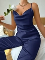 Damen Schlafanzug-Set aus dunkelblauem Satin mit Top und langer Hose für zu Hause - S / Marineblau
