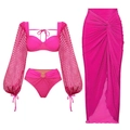 Dreiteiliges fuchsia Badeanzug-Set mit Netzoberteil und Rock mit Seitenschlitz - S / Dreiteiliges Bikini-Set / Rosenrosa