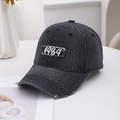 Distressed dark grey denim baseball cap with 1984 white embroidery and vintage frayed brim - 1984 Embroidery Style / Black