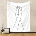 Detail view of a minimalist wall tapestry featuring abstract hand line art in a cozy bedroom - 73*95CM / Brushed Fabric / SM007-Intertwined Hands