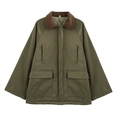 Giacca vintage verde da donna con colletto in velluto a coste marrone e fodera trapuntata - S / Verde Militare