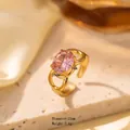 Golden titanium steel open ring featuring a large 10x8mm oval pink stone inlay - Adjustable Open / JOM25029-Gold Oval Pink Stone Open