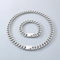 Conjunto de collar y pulsera de eslabones cubanos plateados con cierre de presión - Estilo A (Cierre de botón redondo) / Ancho 9mm/Pulsera 21cm / Color Acero