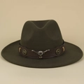 Close-up of olive wool fedora with brown leather band and silver buffalo skull ornament - Green / M (56-58cm)