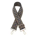 Detail of jacquard ethnic bag strap with geometric weave and golden metal hardware hooks - Gold Buckle / Black Deep Blue