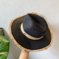 Eleganter schwarzer Strohhut Panama mit beigem Webband und Fransenrand für Damen - M (56-58cm) / Schwarz