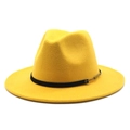 Detailed macro view of yellow fedora hat with black band and decorative metal chain - M (56-58cm) / Yellow
