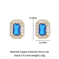 Sparkling blue square zircon stud earrings with golden copper base and white crystals - 8.2x6.1mm / Blue
