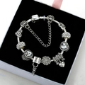 Silver plated snake chain bracelet with heart charms and crystal beads on black velvet - Silver Bracelet - 10