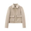 Oatmeal short wool jacket with gold zipper and flap pockets in a minimalist workwear style - XS / Khaki