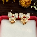 Champagne gold bow heart earrings with zircons in a jewelry gift box display - E6733-925 Sterling Silver Earring Post / Champagne