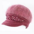 Winter rose pink knit beret hat with fluffy faux fur top and pearl flower accents - One Size / Purple (Square Pearl Style)