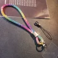 Rainbow rhinestone wrist lanyard for phones featuring a secure silver metal clasp and patch - Wrist Style Figure-8 Rhinestone Lanyard + Transparent Patch + Small Cord / Multicolor
