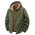 Men's army green hooded fleece jacket with warm teddy lining and full zip closure - M / Tops / Army Green