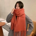 Thick cashmere-like scarf in bright orange with stylish fringe details for warmth - Chili Sauce Red