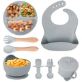 8-piece grey silicone baby feeding set with suction plate, bowl, bib, and cup - Gray-8Pcs Set