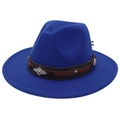 Detail of royal blue fedora hat with wide brim and leather band with metal ornaments - Sapphire Blue