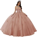 Elegante roze avondjurk met blote schouders, bloemenapplicaties en lovertjes details - Blush / 3XL