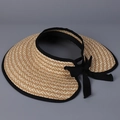 Detail of natural straw texture and black bow ribbon on a summer wide brim sun hat - M(56-58cm) / Khaki & Black