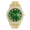 Detail of hip hop watch with iced-out crystals and a green sunray dial and gold finish - Gold Case Green Dial