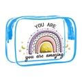 Transparent blue PVC cosmetic bag featuring You Are Amazing print and top blue zipper - 090-Clear Blue Amazing