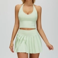 Mint green yoga outfit featuring V-neck halter top and high-waisted pleated tennis skirt - S / Top And Bottom / Mint Green