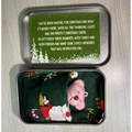 Pink plush teddy bear in a festive Santa Claus fabric sleeping bag inside a silver metal tin - Pink Bear+Green Bag+Box+Green Card