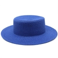 Detail of premium spiral woven texture on a flat top royal blue straw boater hat - M (56-58cm) / Sapphire Blue